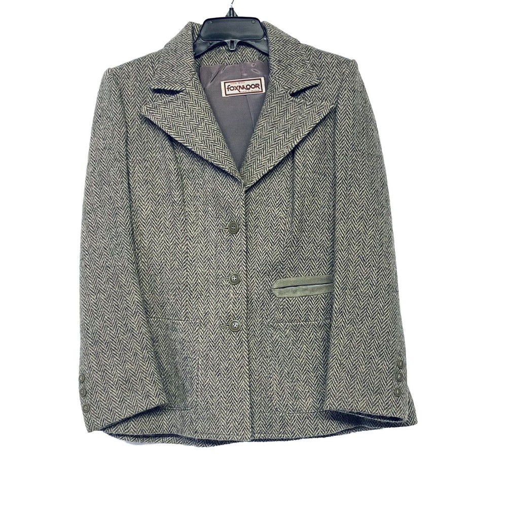 Vintage Foxmoor Wool 3 Button Herringbone Blazer Jacket Pleated Back Lined 13/14